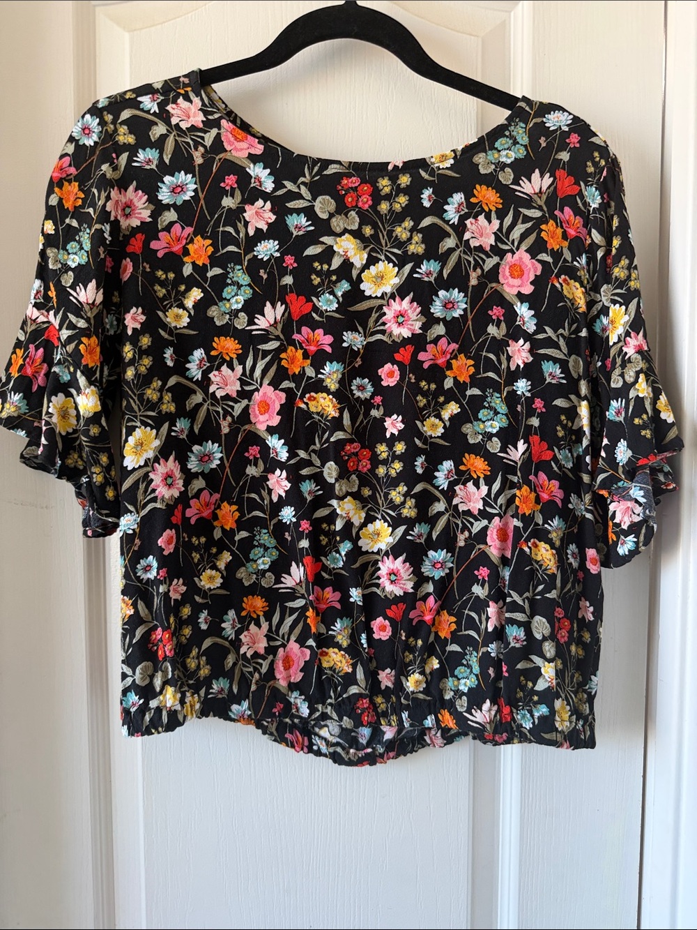 LOFT Black Floral Short Sleeve Blouse with Multicolor Blooms